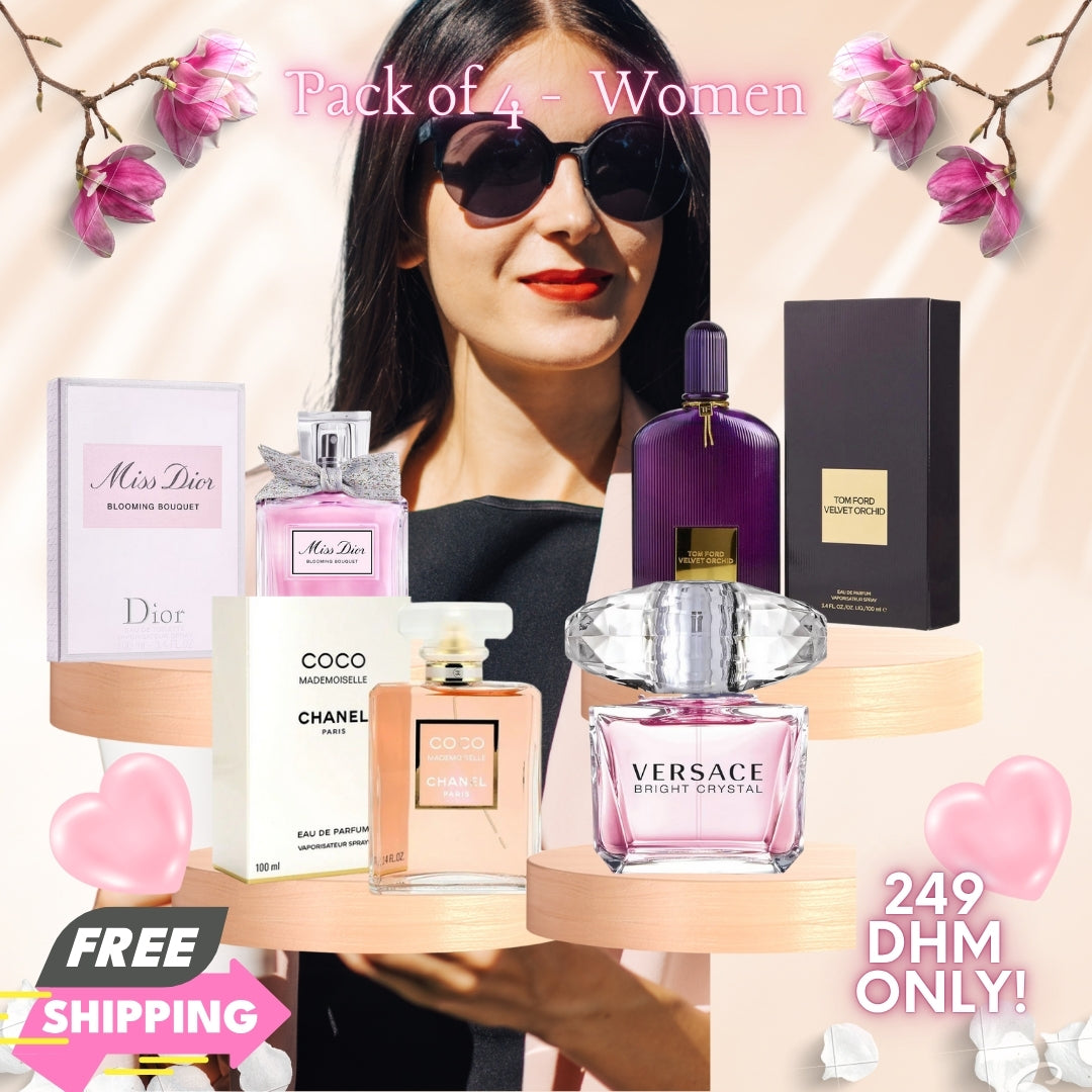 Pack of 4 - Women (Tom Ford Velvet + Miss Dior + Versace Bright Crystal + Coco Mademoiselle BY CHANEL)
