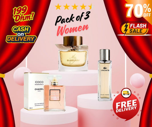 Pack of 3 - Women (Coco Chanel Mademoiselle + My Burberry + Lacoste Pour Femme)