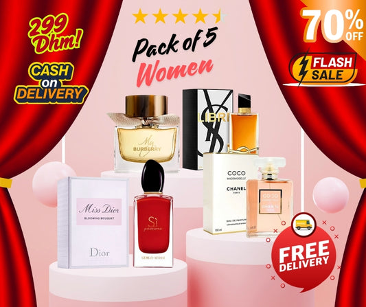 Pack of 5 - Women (Miss Dior Blooming + YSL Libre + Armani Si + Coco Chanel Mademoiselle + My Burberry EDP)