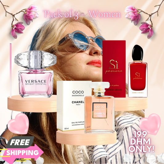 Pack of 3 - Women (Versace Bright Crystal + Coco Mademoiselle BY CHANEL + Giorgio Armani Si Passione)